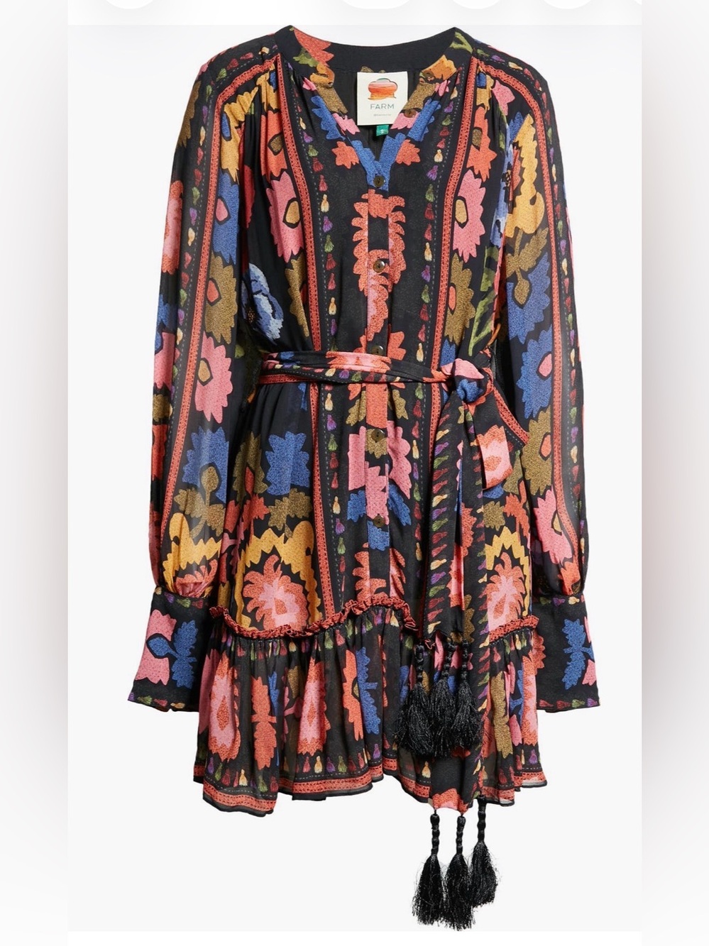 FARM Rio Flowers Tapestry Button Front Long Sleeve Dress Small S